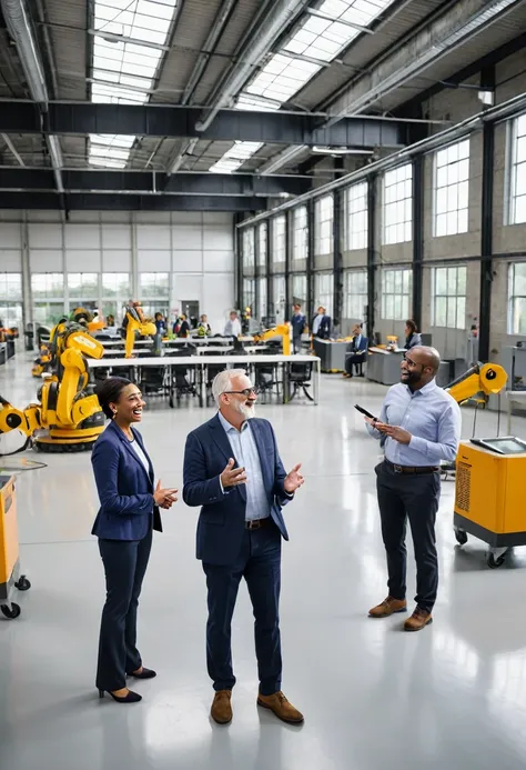 A diverse group of professionals are gathered in a modern factory setting. They are talking, exchanging ideas, and collaborating on a project. People are standing, gesturing, and discussing. The hall is equipped with advanced technology, including machiner...