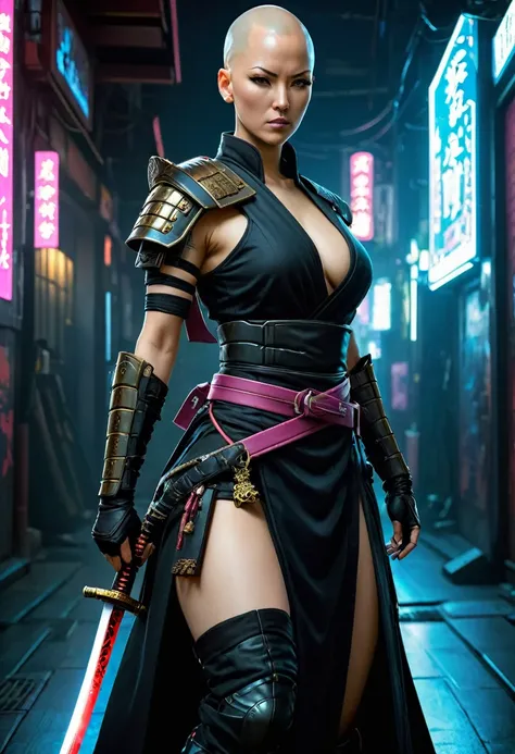 Samurai sword，sh4g0d style cyberpunk female warrior，(bald，monk:1.2),bushido,gown