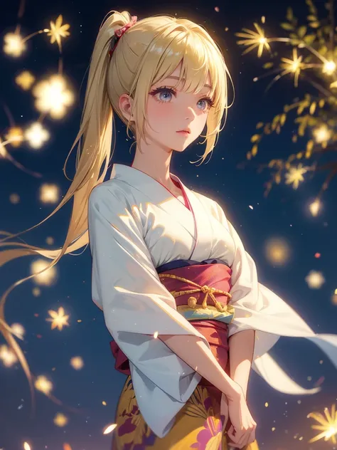 kyoko , kimono night in firework , blonde hair, pigtailed haired,  , yellowisheyes