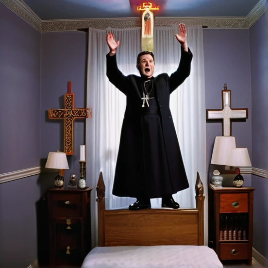 Regan levitates above his bed, with a demonic expression, while priests recite prayers with raised crosses. The room is in chaos, with objects floating and lights flashing. The scene is intense and dramatic.