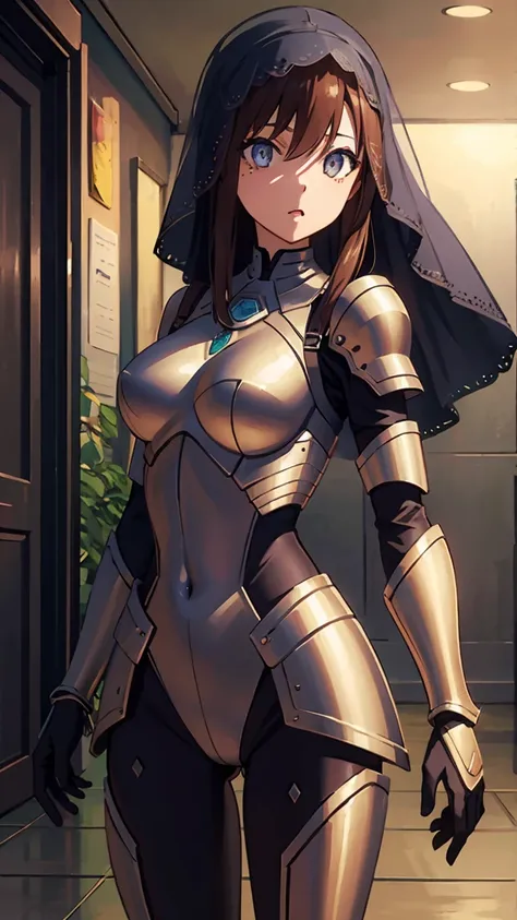 an1, brown eyes, ponytail, 
break (armor, bodysuit, pauldrons, sexy bodysuit, shoulder armor, thighs, veil, black veil:1.2),
bre...