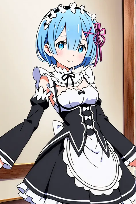 1girl,solo,rem (re:zero),blue hair,x hair ornament,short hair,hair ornament,blue eyes,maid,looking at viewer,ribbon,maid headdre...