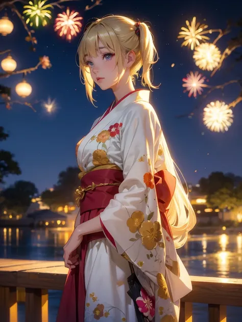 kyoko , kimono night in firework , blonde hair, pigtailed haired,  , yellowisheyes