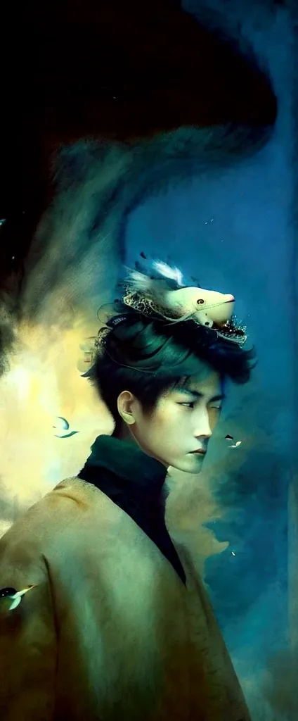 A young Asian man with black hair buzz cut short, dressed in a green fur coat and a simple white shirt. He wears a small earring on his left ear. The mans face is partially covered by a crown of light blue sharks and various sizes, arranged in a circle aro...