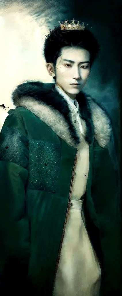 a young asian man with black hair buzz cut short, dressed in a green fur coat and a simple white shirt. he wears a small earring...