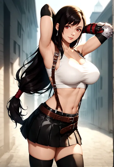 score_9, score_8_up, score_7_up, score_6_up, score_5_up,,rating_safe. BREAK , (from front.from side,front view,feet focus,standing,straight-on,,(upperbody),looking_at_viewer ,1girl, tifa lockhart, final fantasy, tareme,black hair, low-tied long hair, red e...