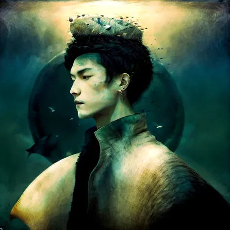 A young Asian man with black hair buzz cut short, dressed in a green fur coat and a simple white shirt. He wears a small earring on his left ear. The mans face is partially covered by a crown of light blue sharks and various sizes, arranged in a circle aro...