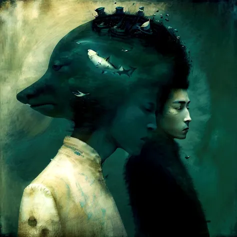 A young Asian man with black hair buzz cut short, dressed in a green fur coat and a simple white shirt. He wears a small earring on his left ear. The mans face is partially covered by a crown of light blue sharks and various sizes, arranged in a circle aro...