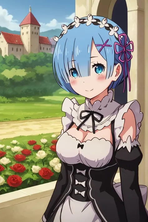 1girl,solo,rem (re:zero),blue hair,x hair ornament,short hair,hair ornament,blue eyes,maid,looking at viewer,ribbon,maid headdre...