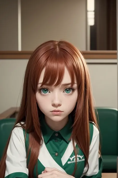 Screenshot of my hero academia. Long hair redhead girl, with bangs. With green eyes and a serious expression. She is wearing a UA uniform and in the background she has a UA school class and she is sitting at a table.