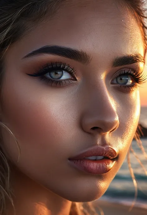 Extremely detailed eyes, extremely detailed lips, extremely detailed white eyes and face, long eyelashes, extremely detailed face, 1 girl, fit girl, beautiful caribbean girl, extremely grey eyes, shooting, beach, sunset, digital painting, cinematic lightin...