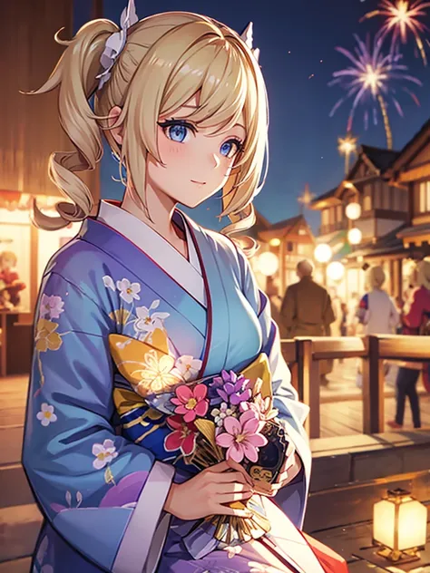 Barbara, kimono night in firework , blonde hair, pigtailed haired,  Blue eyes 