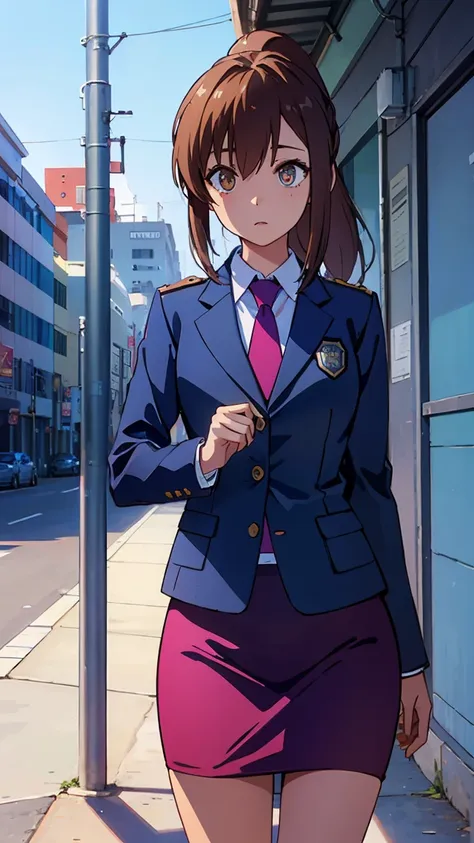 an1, brown eyes, ponytail, 
break (police uniform, jacket, pencil skirt, blue necktie:1.2),
break street, standing,
break (maste...