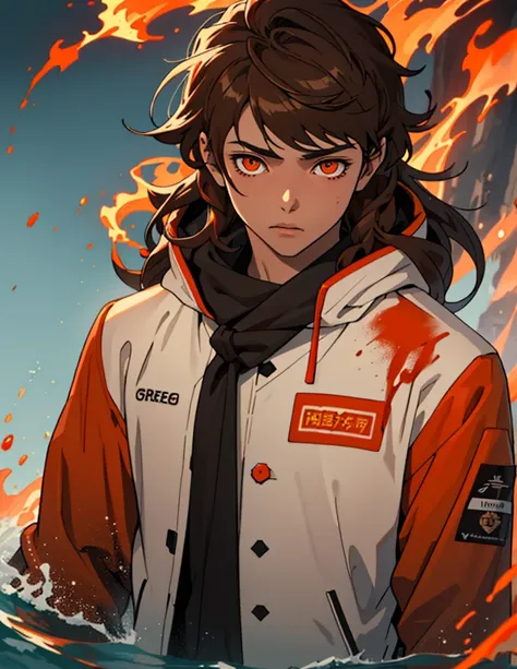 Masterpiece, Best quality, high quality, 1 man, 20 years old, One, athletic body and white skin, male focus, Looking at the viewer, upper body, long brown hair (tied hair) and long bangs, orange eyes, black closed coat with blood drops, fire and water mani...