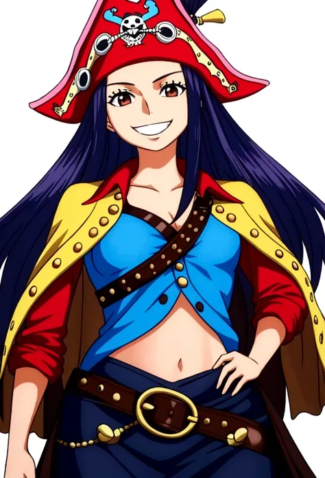 young woman, blue long hair,  brown eyes, wearing pirate clothes, smiling