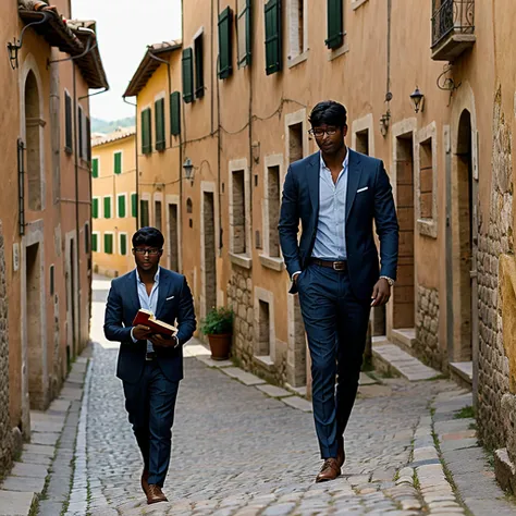 Createa dark-skinned  with glasses holding books walking in an Italian village. ((best quality)), ((masterpiece)), (detailed).