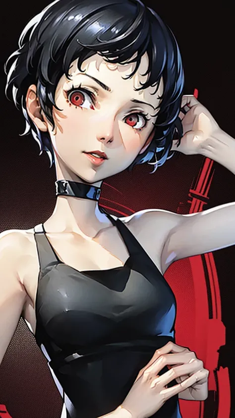 1 girl, very Short hair, tomboy Pixie haircut, black hair, red eyes, lipstick, black choker, face portrait, tank top, shigenori soejima style, perfect art