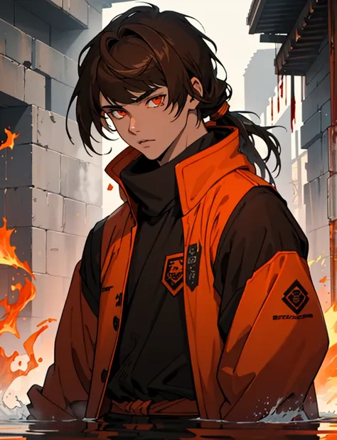 Masterpiece, Best quality, high quality, 1 man, 20 years old, One, athletic body and white skin, male focus, Looking at the viewer, upper body, long brown hair (tied hair) and long bangs, orange eyes, black closed coat with blood drops, fire and water mani...