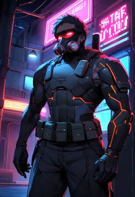 Occupation: mercenary, Cybernetically Enhanced Soldier Appearance: Nyx has a slim and athletic build, with tanned skin and piercing blue eyes. His face is partially covered by a respiratory mask and he has short, spiky black hair with neon red highlights.....