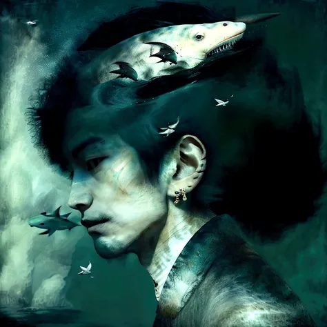 A young Asian man with black hair buzz cut short, dressed in a green fur coat and a simple white shirt. He wears a small earring on his left ear. The mans face is partially covered by a crown of light blue sharks and various sizes, arranged in a circle aro...