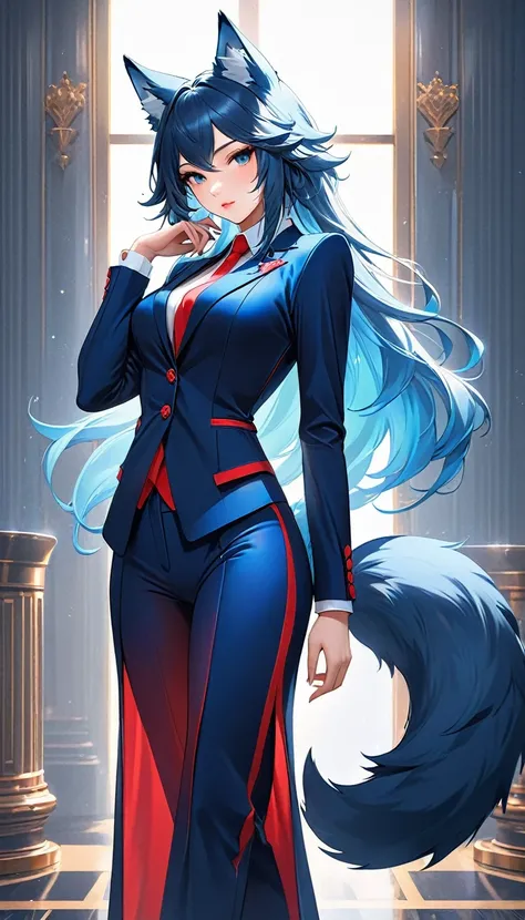 A stunningly detailed (((semi realistic digital art piece))) inspired by the concept of High tech fantasy, featuring a (((anthro wolf goddess))) dressed in a sleek, red and blue power suit, poised in a confident pose, with a (((wolf tail))), exuding an air...