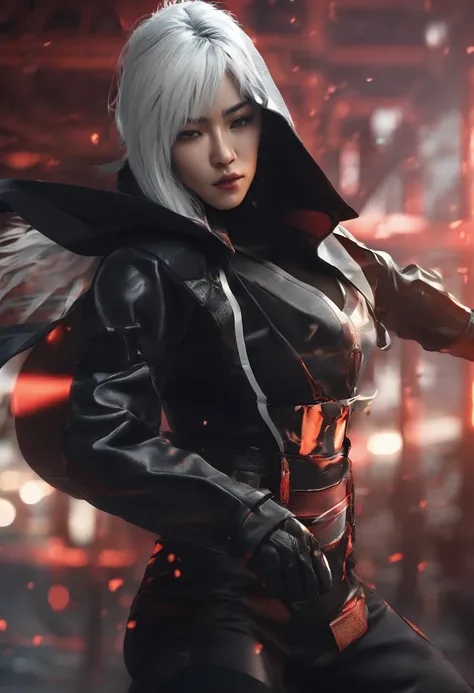 Fighting girl, epic, with particles, HD, 8k, white hair, with black cape, line marks on the face, serious face, closed mouth, casual pose, hands in Bruce Lee position, tactical pants, black hood, black lines under eyes, black polar diver, eyes with marked ...