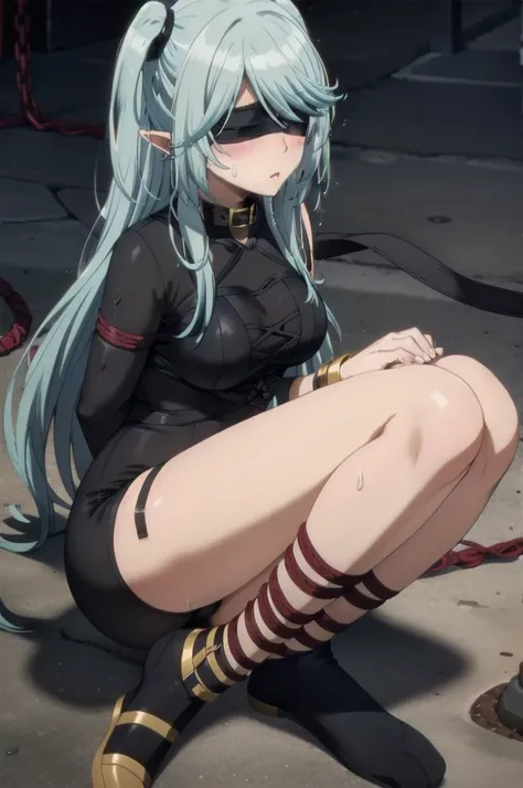 dark blue hair,,long hair,purple eyes,pointy ears,elf,tall,black tight body suit,bondage,tied up,bound,tied wrist,tied legs,((blindfold)),blush,wet,sweat,rope.collar,leash
