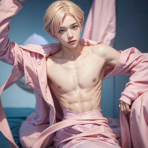 Young man, V of BTS, short and blonde hair with pink highlights, blue eyes, soft face, big lips, male femboy body, pink clothes, flat chest