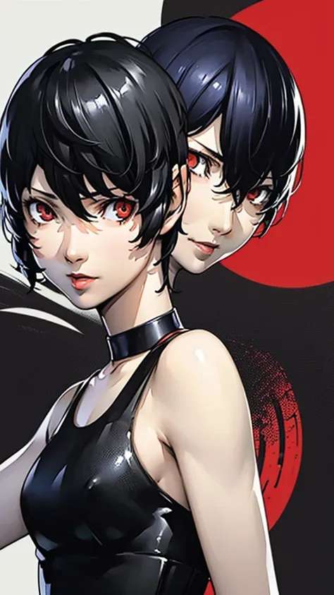 1 girl, very Short hair, tomboy Pixie haircut, black hair, red eyes, lipstick, black choker, face portrait, tank top, shigenori soejima style, perfect art