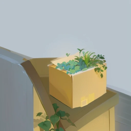 there is a plant in a box on a table, plants growing on it. gouache, a digital painting, some plants, potted plant, soft digital painting, stylized painting, computer painting, houseplant, some plant life, inspired by Goro Fujita, small plants, digital pai...