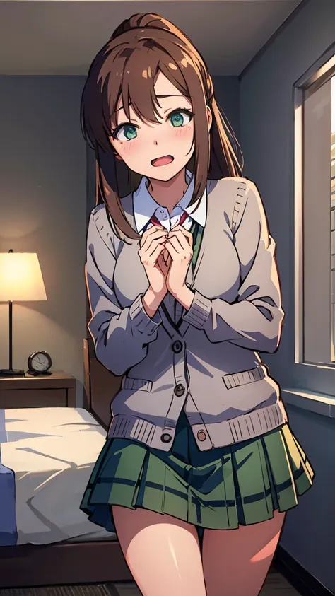 an1, brown eyes, ponytail, 
break (collared shirt, grey cardigan, plaid skirt, green skirt:1.2),
break bedroom, looking at you, ...