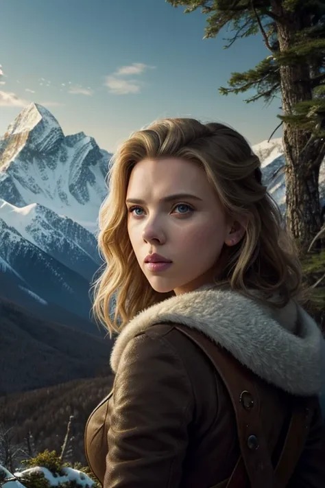 Scarlett Johansson, ((master piece)),best quality, illustration, dark, 1girl, In the wilderness,High mountain,Snow-capped mountains in the distance, castle, beautiful detailed eyes,  beautiful detailed hair,