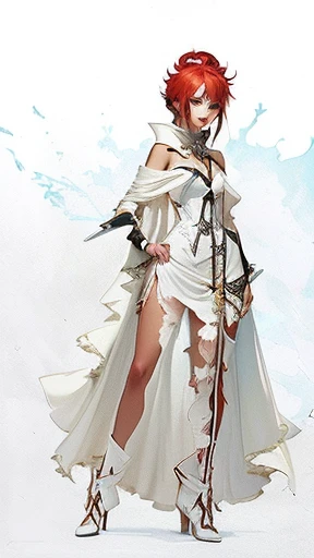 there is a drawing of a woman with a sword and a dress, bleach manga style, character design : : gothic, inspired by Jamie Hewlett, female redhead templar, erza scarlet as a real person, full body concept, wearing torn white cape, character design humanoid...