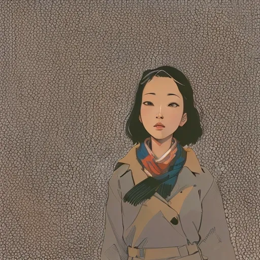 illustration of a woman with a scarf on her neck, inspired by Satoshi Kon, inspired by Yuko Shimizu, lofi portrait, style of satoshi kon, in style of laurie greasley, portrait of mulan, lofi girl, satoshi kon artstyle, inspired by Ayako Rokkaku, inspired b...