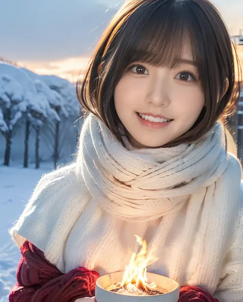 Show your teeth、大変smile、Girl warming herself by the bonfire Lens flare、Hair blowing in the wind、Medium Short Hair、Fluffy scarf in warm colors、Expressing the whiteness of one&#39;s breath、Photo from the waist up、Night city illumination shot、Cowgirl Shot、Fur...