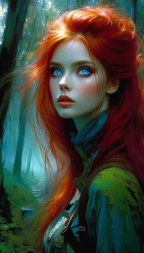 deep_fog,forests,day,hiking_costume,beautiful_red_hair,beautiful_light_blue_green_eyes,multicolored_eyes,1_beautiful_girl,cute_face,beautiful,perfect_quality,perfect_anatomy,masterpiece,desolate cemetery,red moon,deep fog,deep mist,(art inspired by Bill Si...