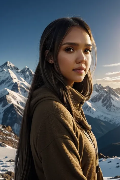 Jessica Alba, ((master piece)),best quality, illustration, dark, 1girl, In the wilderness,High mountain,Snow-capped mountains in the distance, castle, beautiful detailed eyes,  beautiful detailed hair,