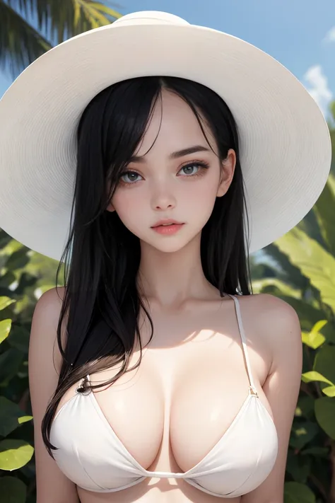 (best quality, masterpiece, perfect face) black hair, 18 years old pale girl, big bust, white sundress, H-cup, cleavage, big white hat
