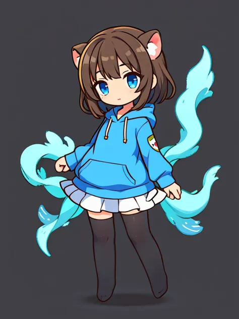 a sea otter with otter ears // with light blue eyes // a dark blue hoodie // brown hair with gray and white highlights ((half of...