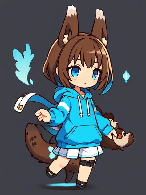 a sea otter with otter ears // with light blue eyes // a dark blue hoodie // brown hair with gray and white highlights ((half of the body)) (A person)