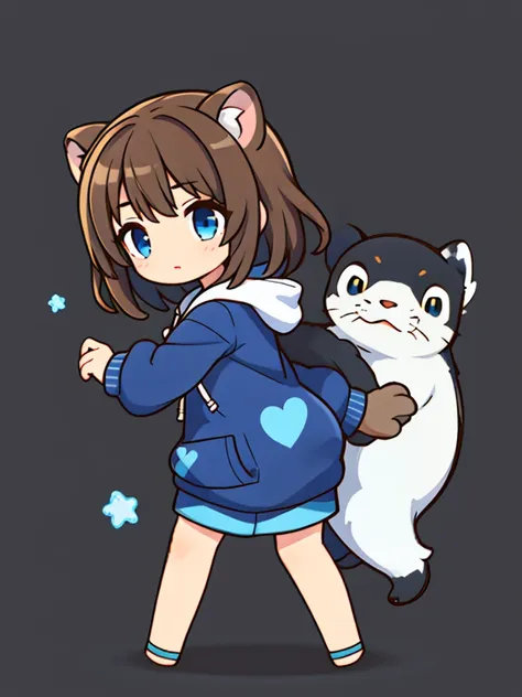 a sea otter with otter ears // with light blue eyes // a dark blue hoodie // brown hair with gray and white highlights ((half of the body)) (A person)