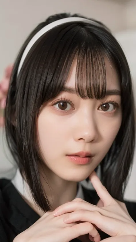 (((ultra-high resolution、close、cute japanese woman)))、顔のultra-high resolutionクローズアップ画像を作成してください。
long, straight black hair frame...