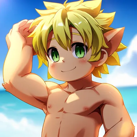 anime model of a blonde boy, With bright green eyes, naked showing his penis, normal size, a beautiful and bright smile, a face as cute as that of a god and beautiful, no furry.