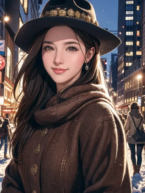 ultra-detailed, in the winter scenery of the city center、realistic cowgirl with dark hair smiling and looking at the audience. o...