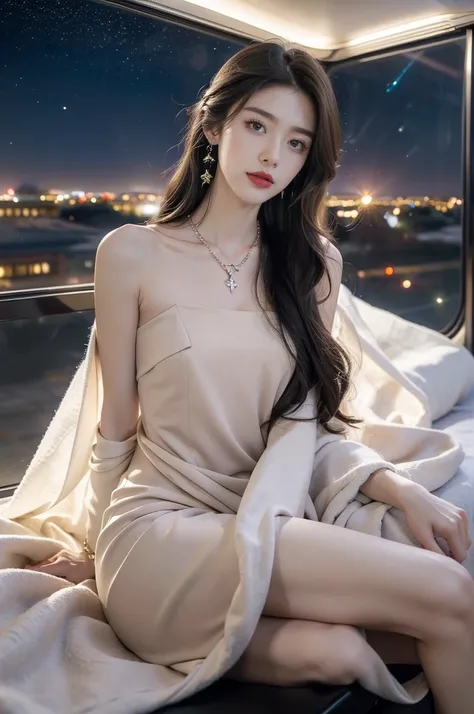 (((best quality))),(((ultra detailed))),(((masterpiece))),illustration,(a beautiful girl,female passenger,solo),(parted red lips),((slim,thin,small breasts,flat chest)),((earrings,crystal necklace)),(slender legs:1.2),summer night,((in airplane,economy cla...