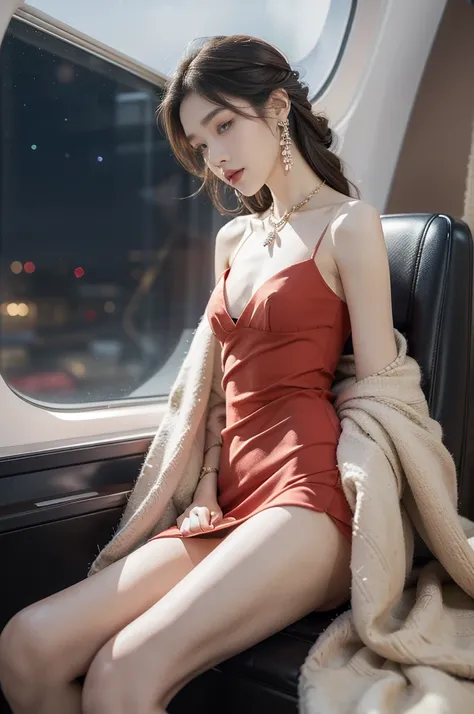 (((best quality))),(((ultra detailed))),(((masterpiece))),illustration,(a beautiful girl,female passenger,solo),(parted red lips),((slim,thin,small breasts,flat chest)),((earrings,crystal necklace)),(slender legs:1.2),summer night,((in airplane,economy cla...