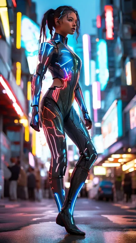 a beautiful cyborg woman, cyberpunk ninja warrior, blue colored eyes, short corn, human body, mechanic legs, mechanical arms, in a furist city, 8k ultra detailed and realistic