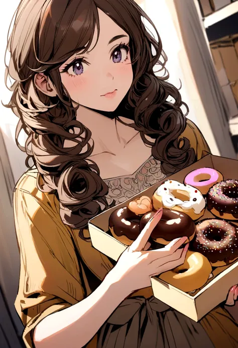 curly brunette girl holding a box of Disney-style donuts