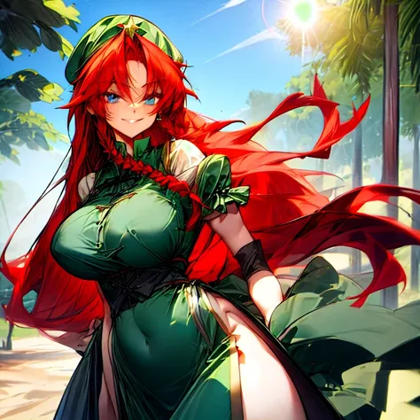 redhead,big breasts,Big hips,smile,Sun,long hair,blue eyes,green beret,A green dress,Hong Meiling