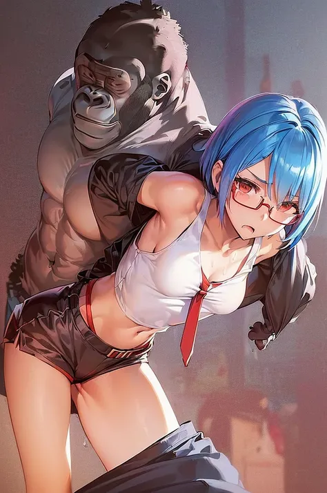 masterpiece, best quality,anime style, 1 girl,(((slender body))), (((small breast))),(((hot pants, white tanktop,red tie,glasses))),(((((a gorilla man grabbing the girl))))), ((((restrained, arms behind back)))),((((cum)))), (beautiful face), (((short hair...